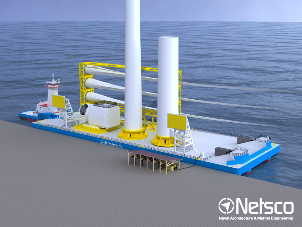 Feeder vessel charging at pier.